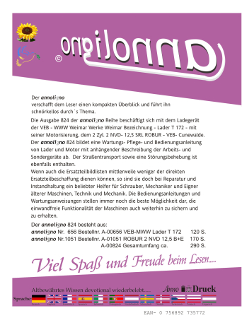 VEB WWW Weimar Werke Weimar Lader Typ T 172 & ROBUR Motor Typ 2 NVD- 12,5 SRL Bild- Bedienungsanleitung & von Motor Bild- Ersatzteilliste & Explosionszeichnungen  - annoligno 824